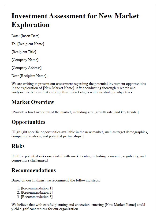 Letter template of investment assessment for new market exploration