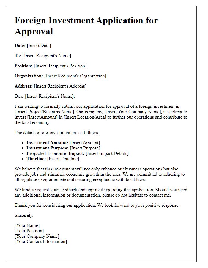 Letter template of foreign investment application for approval.