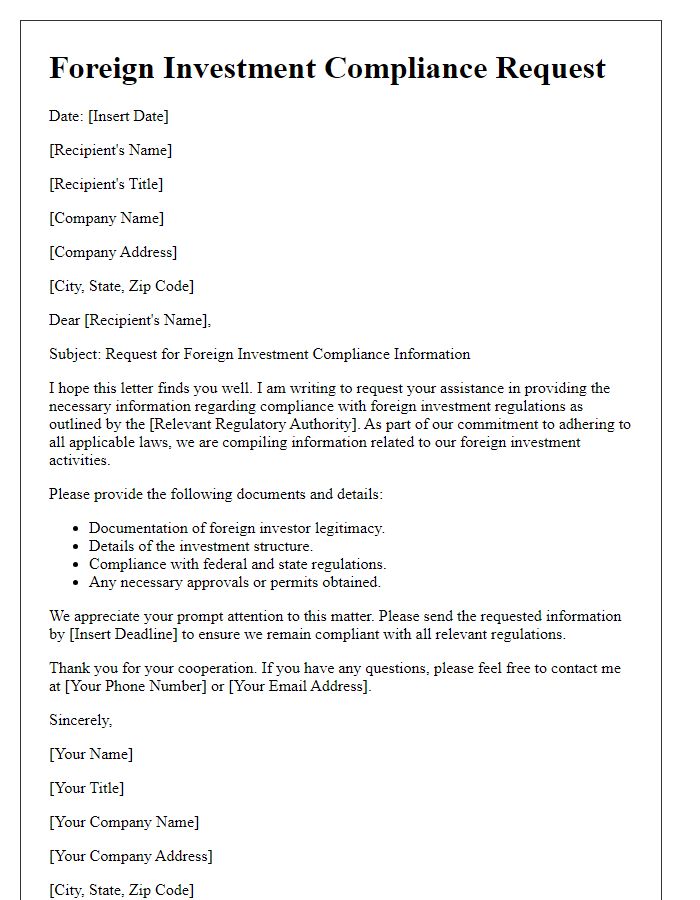 Letter template of foreign investment compliance request.