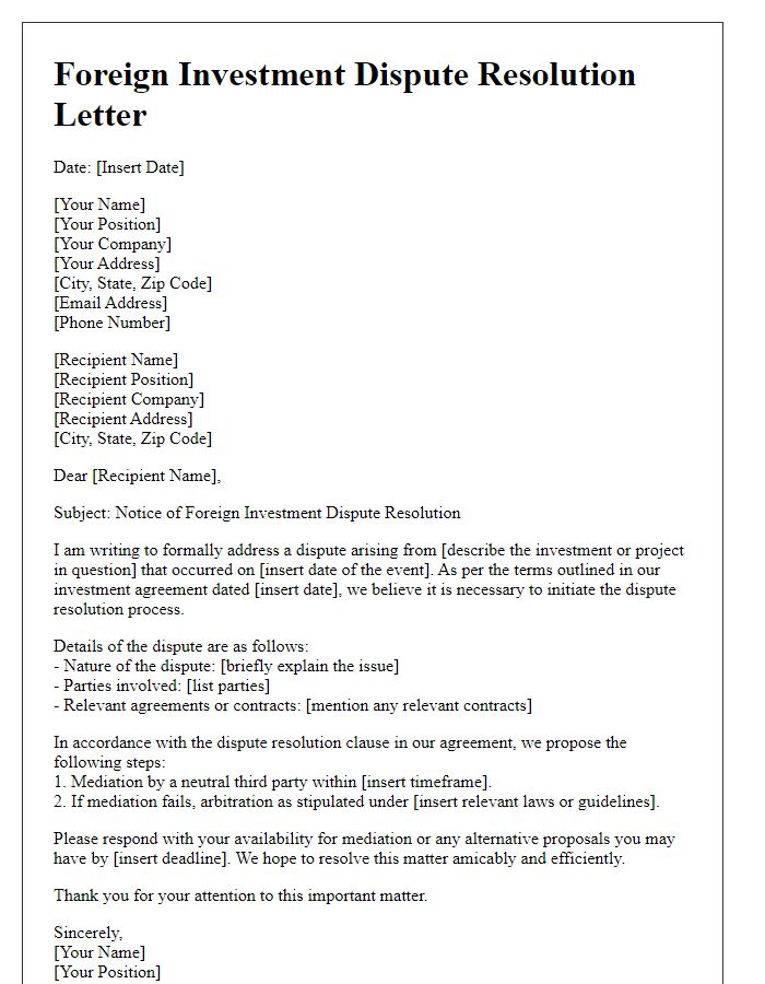 Letter template of foreign investment dispute resolution.