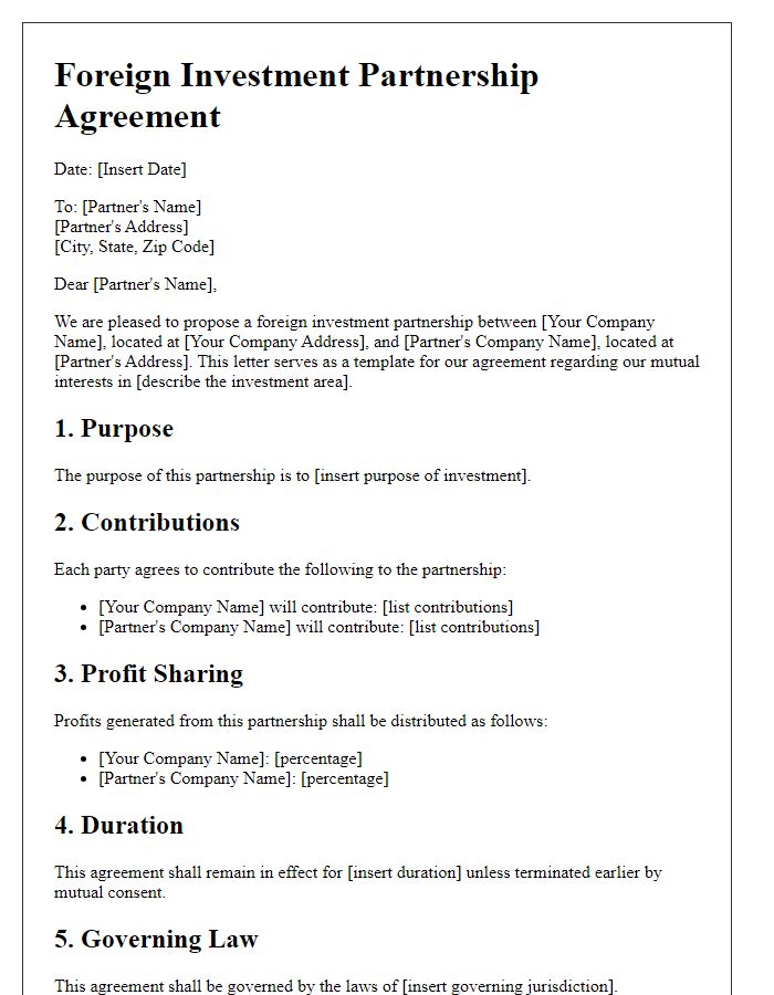 Letter template of foreign investment partnership agreement.