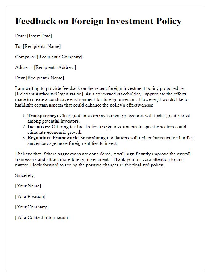 Letter template of foreign investment policy feedback.