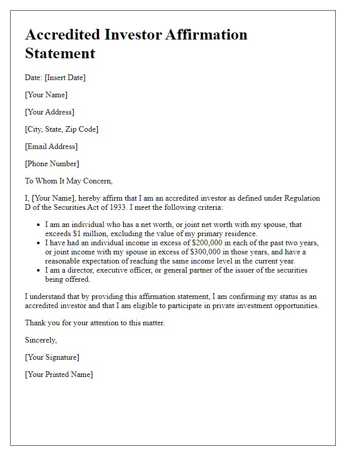 Letter template of accredited investor affirmation statement