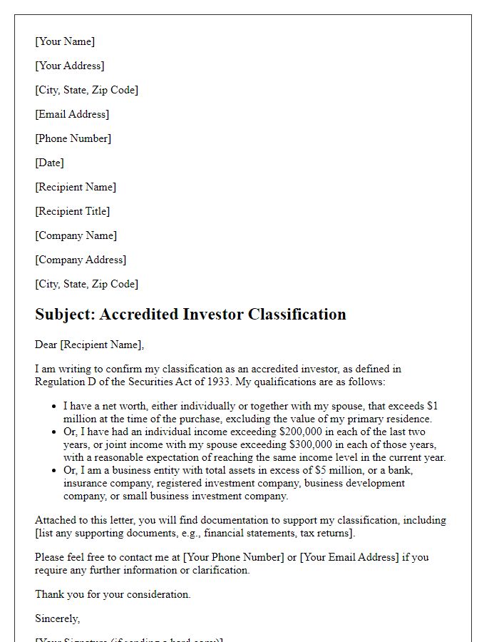 Letter template of accredited investor classification letter