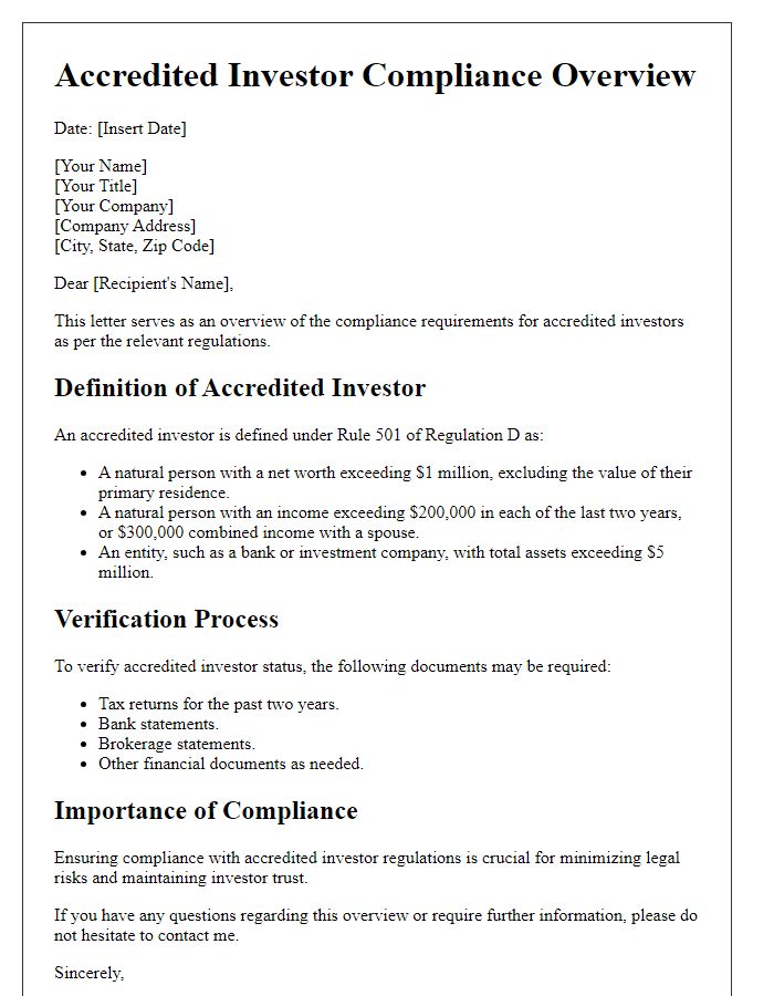 Letter template of accredited investor compliance overview