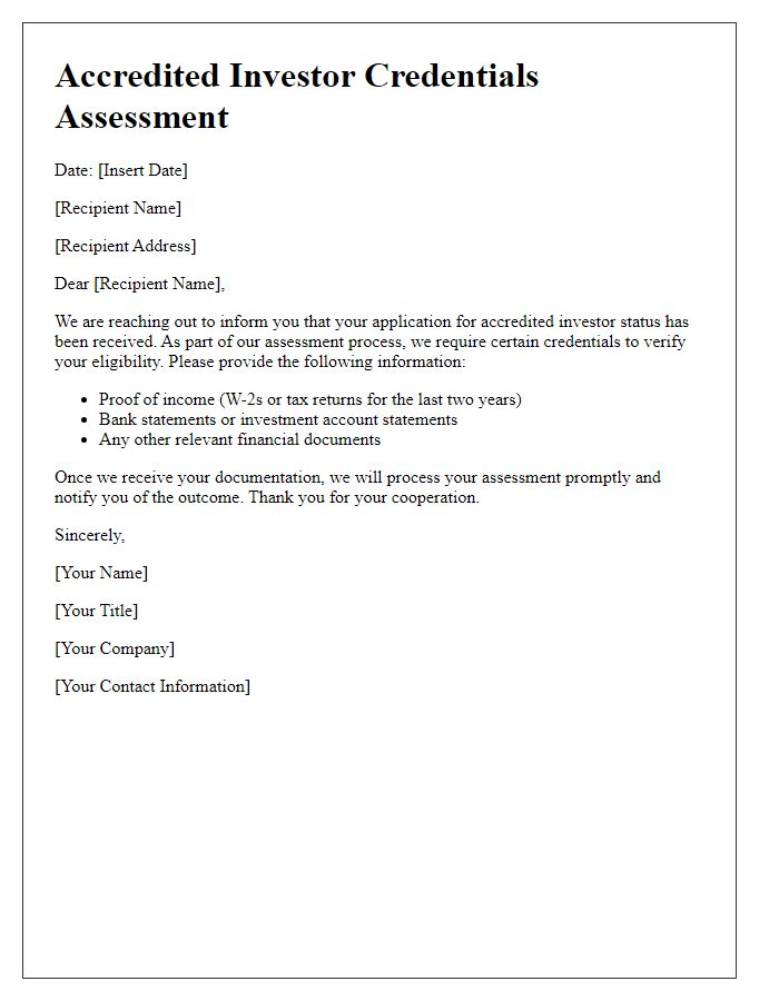 Letter template of accredited investor credentials assessment