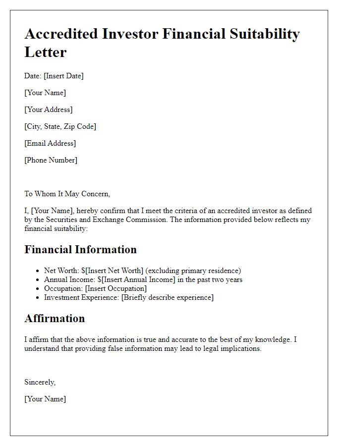 Letter template of accredited investor financial suitability