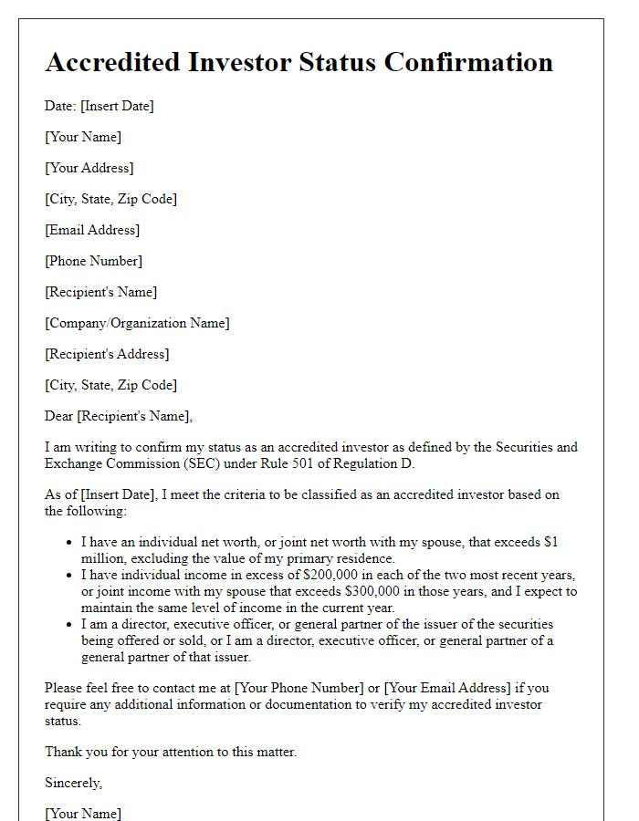 Letter template of accredited investor status confirmation