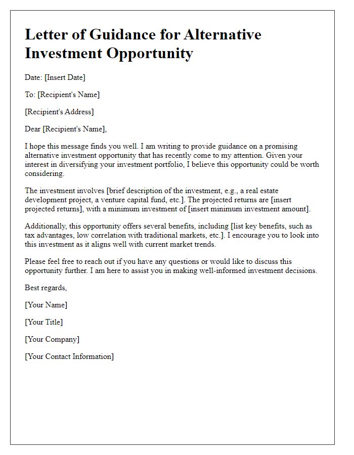 Letter template of alternative investment opportunity guidance