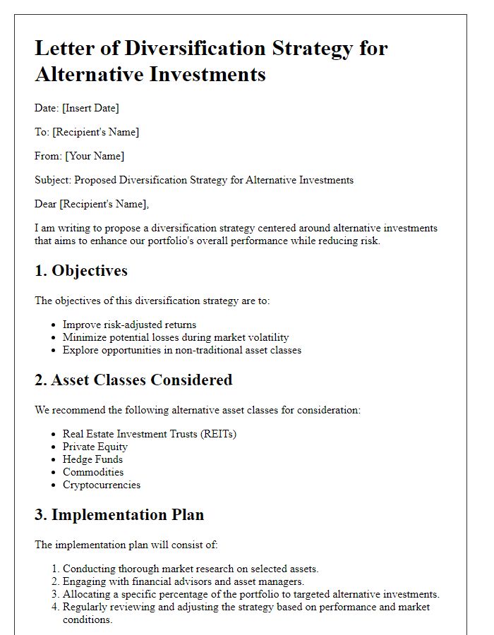 Letter template of diversification strategy for alternative investments