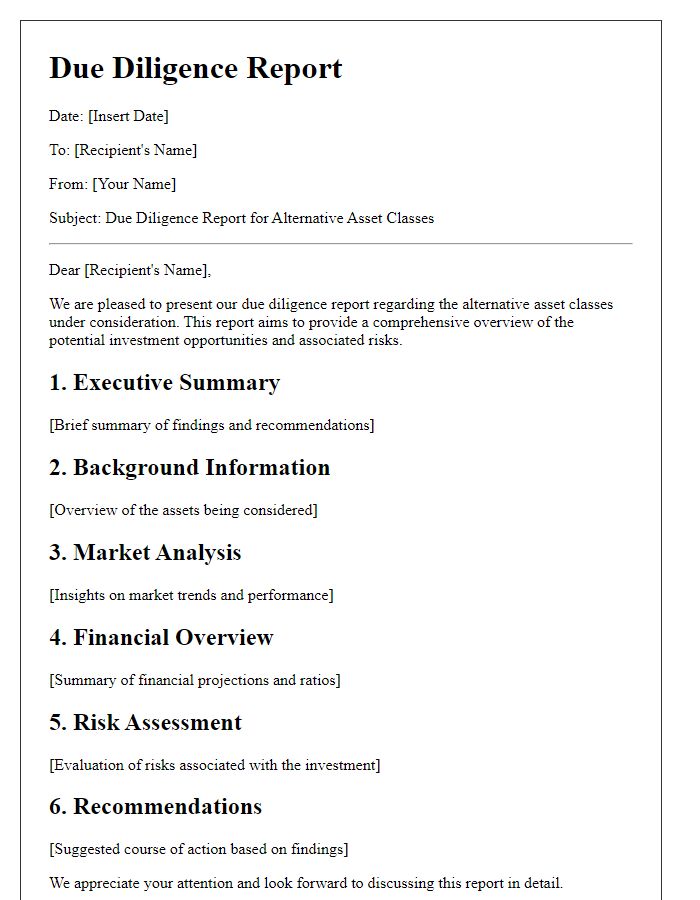 Letter template of due diligence report for alternative asset classes