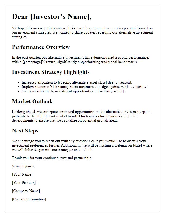 Letter template of investor communication for alternative strategies