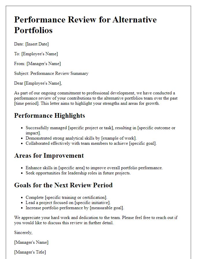 Letter template of performance review for alternative portfolios