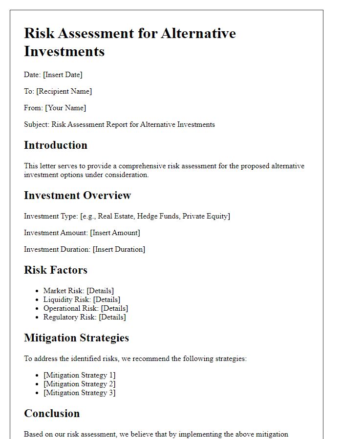 Letter template of risk assessment for alternative investments