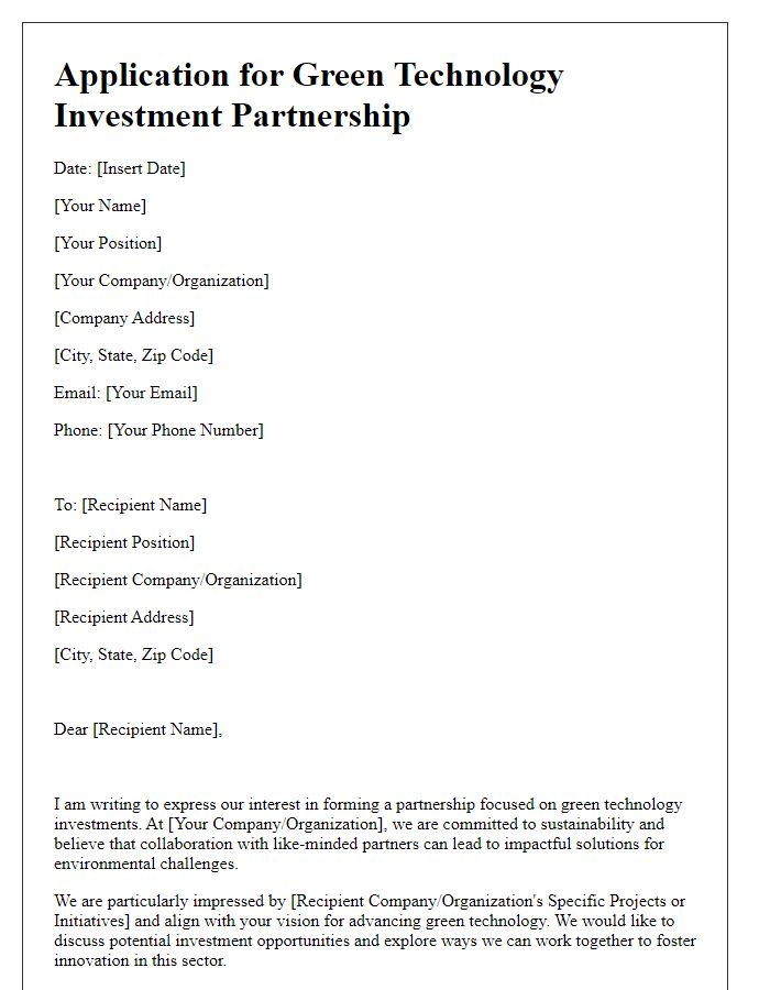 Letter template of application for green technology investment partnerships