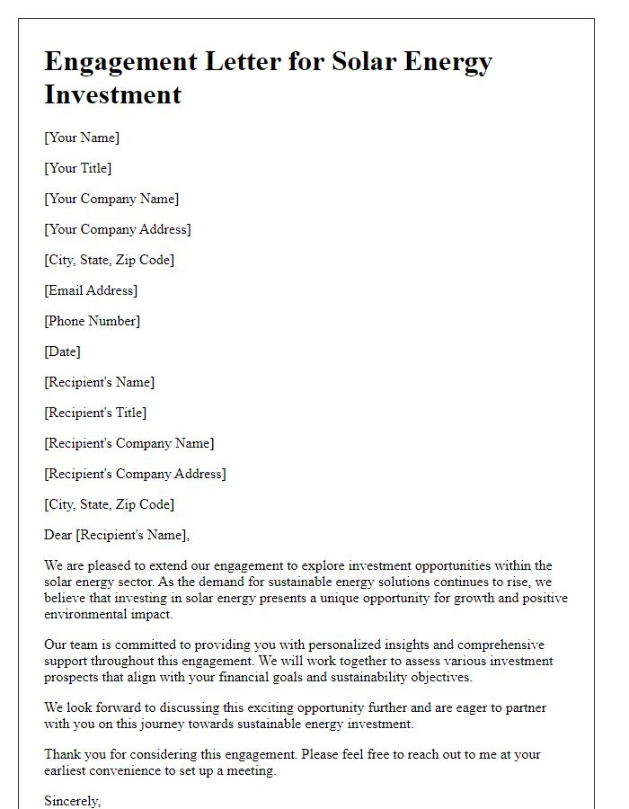 Letter template of engagement for solar energy investment prospects