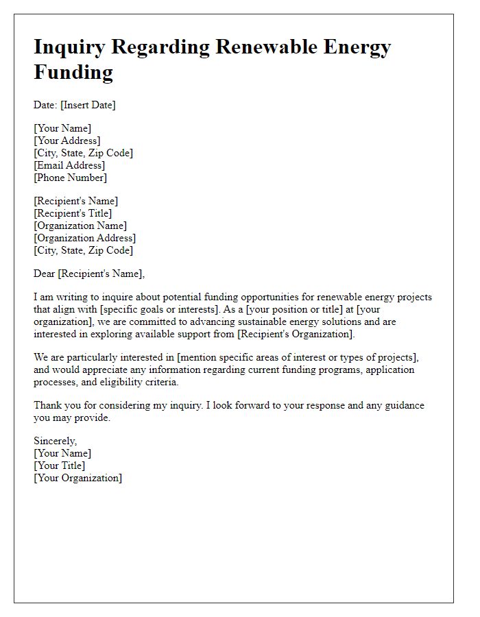 Letter template of inquiry regarding renewable energy funding