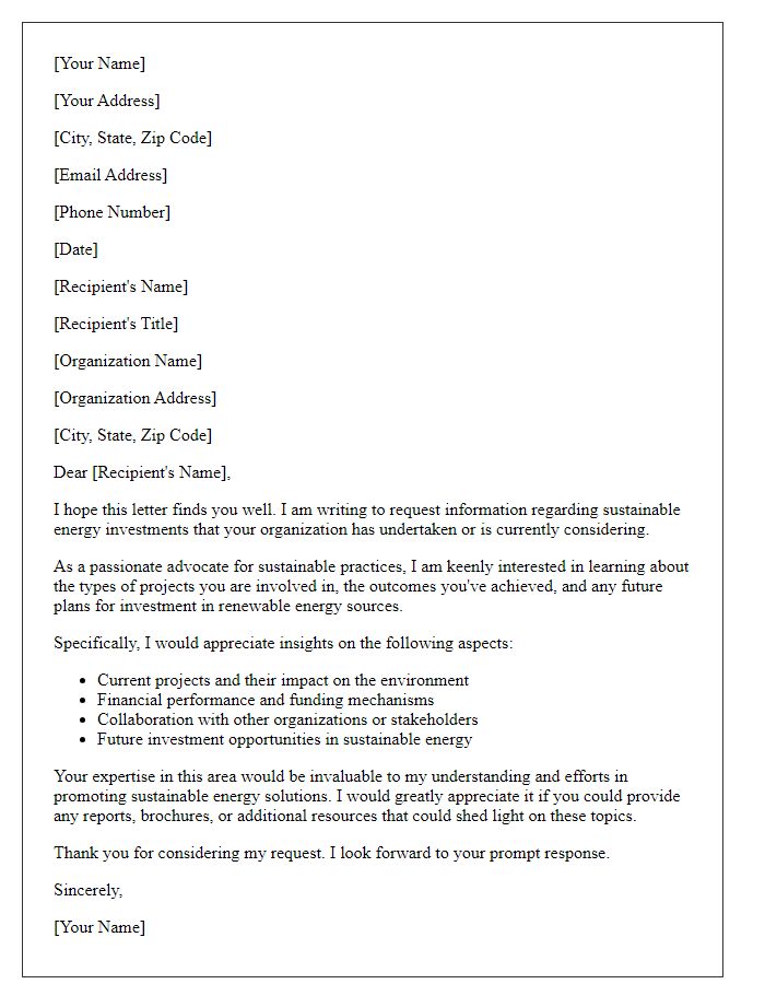 Letter template of request for information on sustainable energy investments