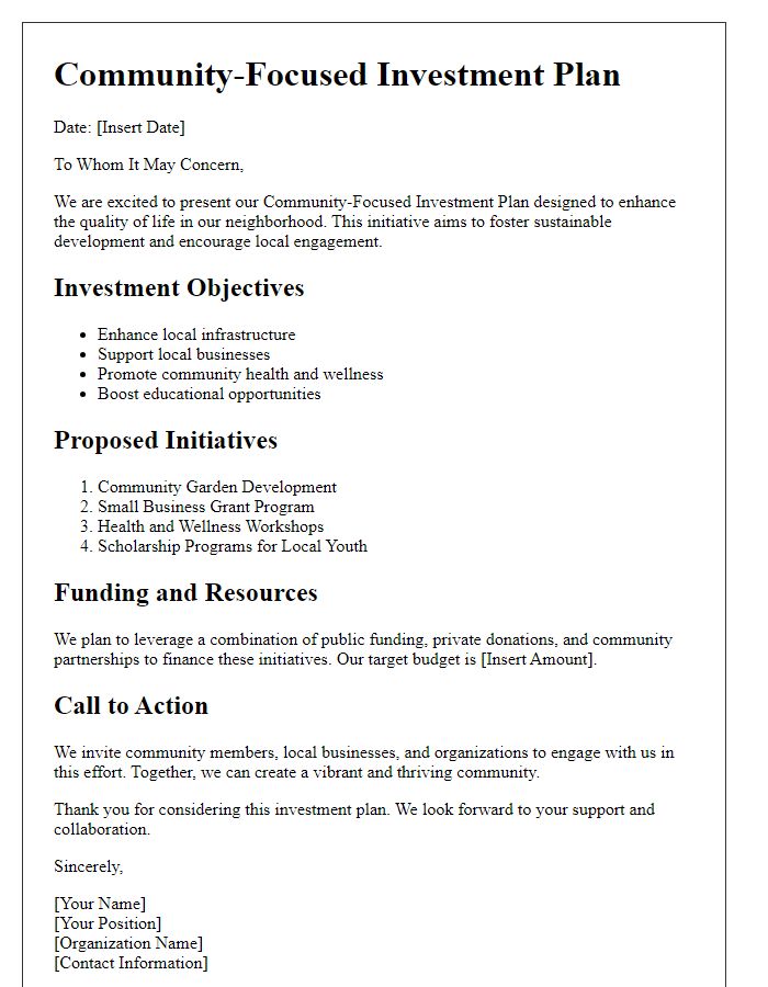 Letter template of community-focused investment plan