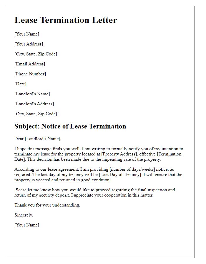 Letter template of lease termination for property sale.