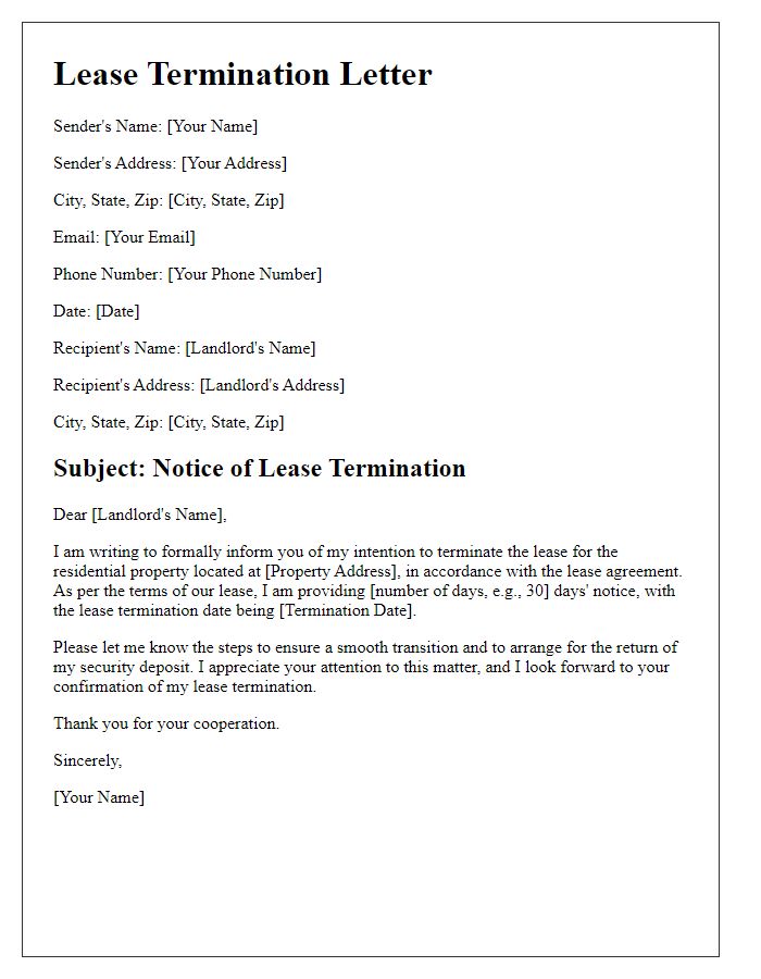 Letter template of lease termination for residential property.