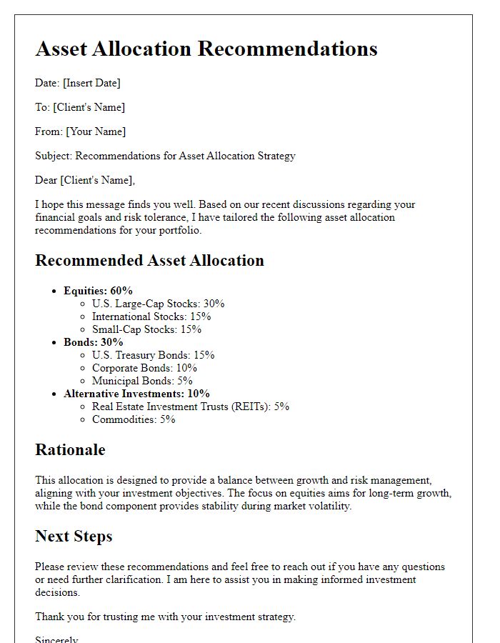 Letter template of asset allocation recommendations