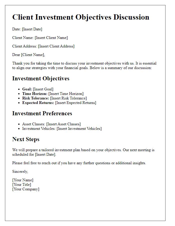 Letter template of client investment objectives discussion