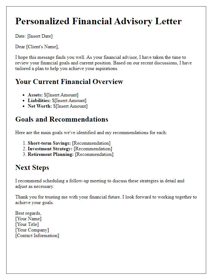 Letter template of personalized financial advisory