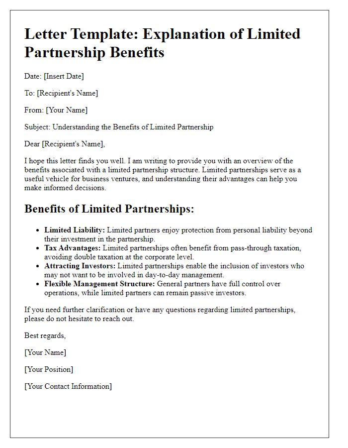 Letter template of limited partnership benefits explanation