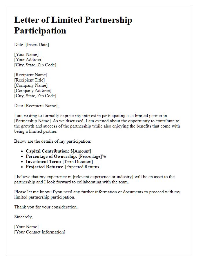 Letter template of limited partnership participation details