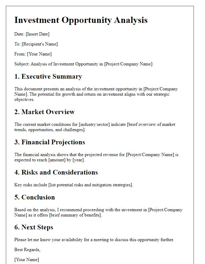 Letter template of investment opportunity analysis