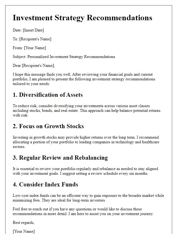 Letter template of investment strategy recommendations