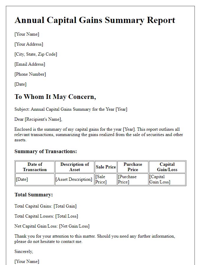 Letter template of annual capital gains summary report