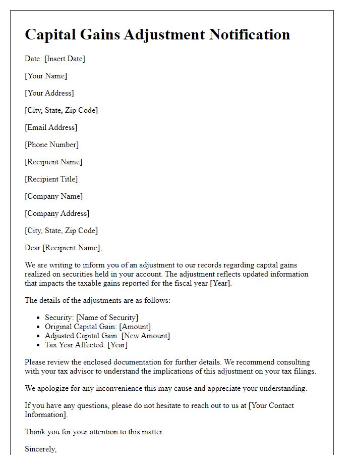 Letter template of capital gains adjustment notification