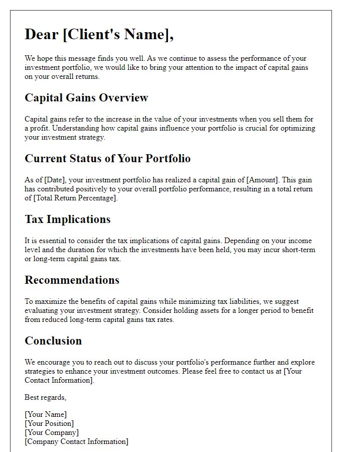 Letter template of capital gains impact on overall portfolio