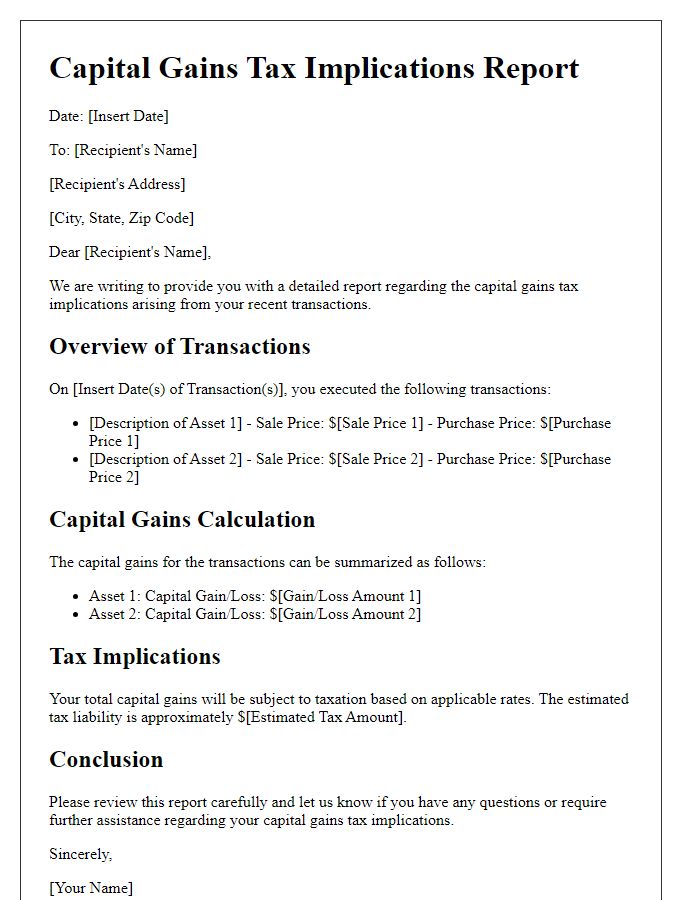 Letter template of capital gains tax implications report