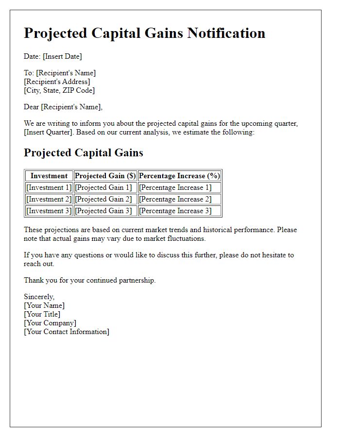 Letter template of projected capital gains for upcoming quarter