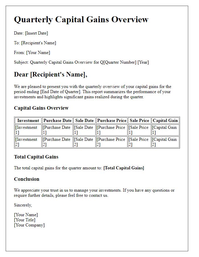 Letter template of quarterly capital gains overview