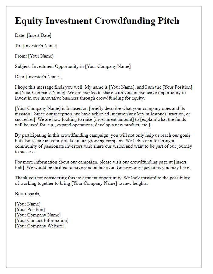 Letter template of crowdfunding pitch for equity investment