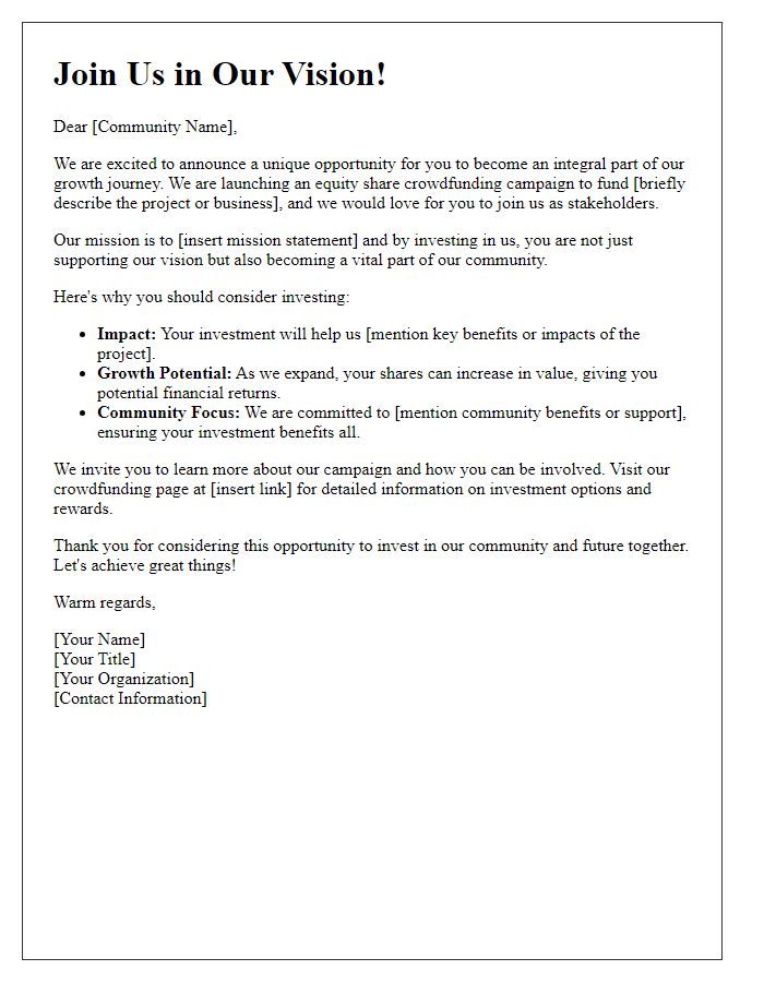 Letter template of equity share crowdfunding appeal to community