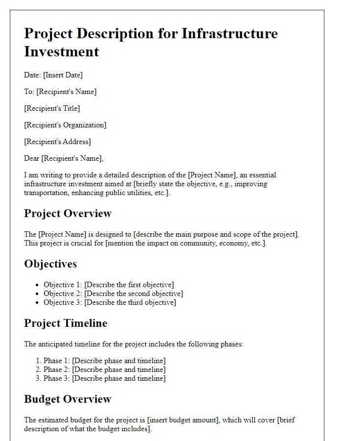 Letter template of project description for infrastructure investment