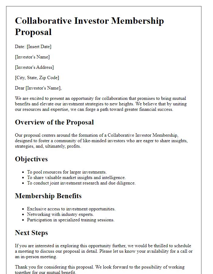 Letter template of collaborative investor membership proposal