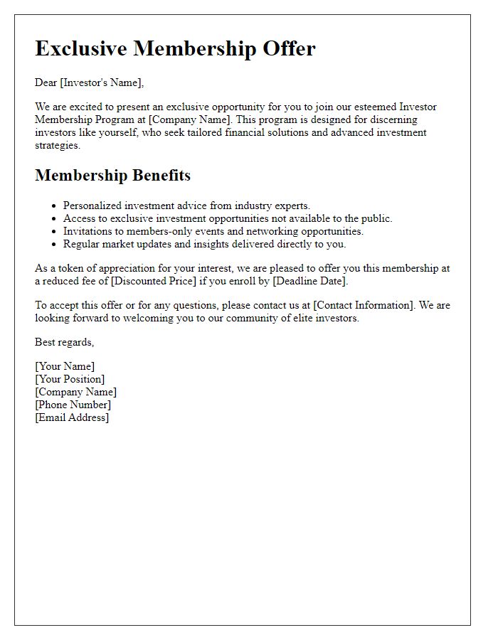 Letter template of exclusive investor membership offer