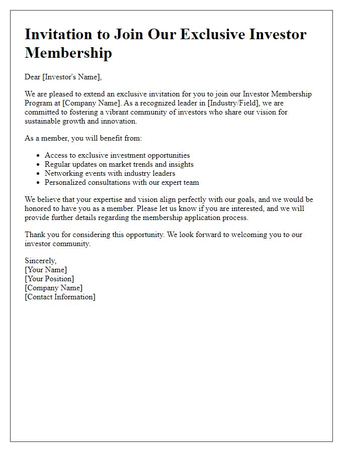 Letter template of formal investor membership invitation