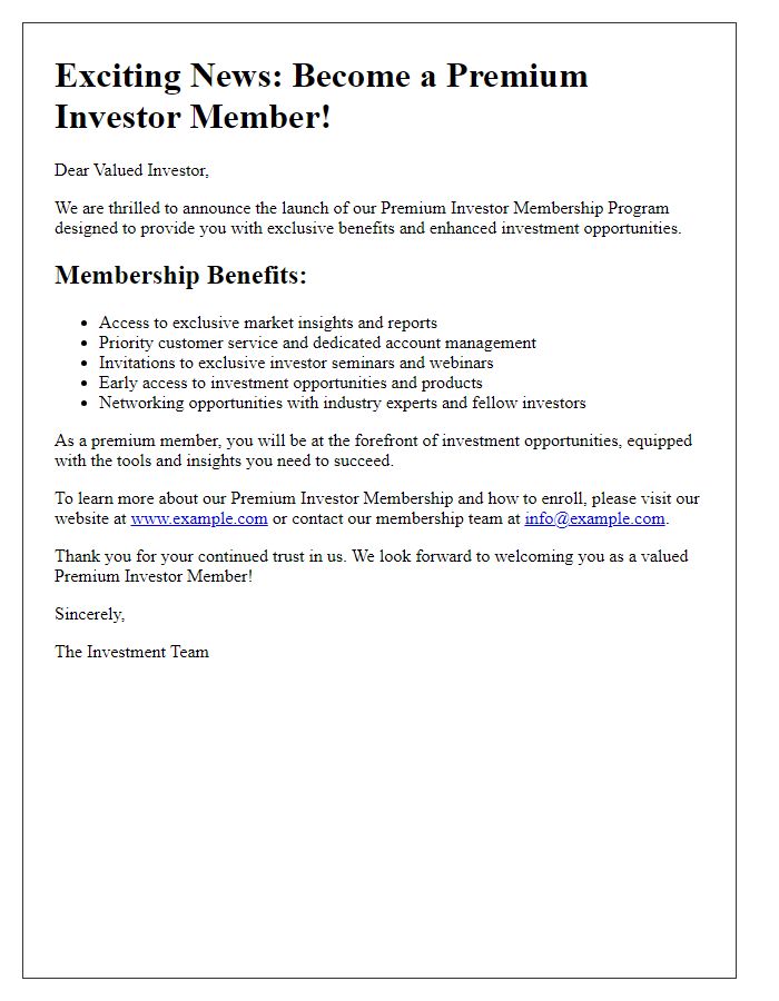 Letter template of premium investor membership announcement