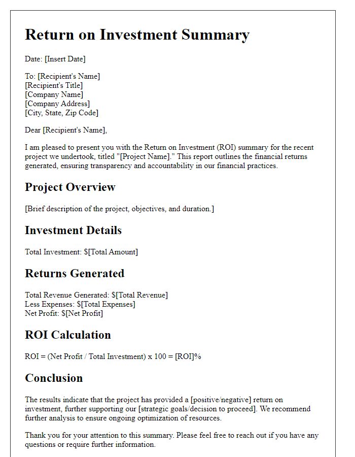 Letter template of Return on Investment Summary