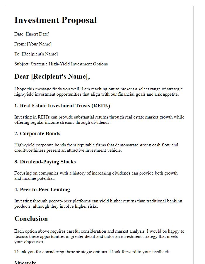 Letter template of strategic high-yield investment options