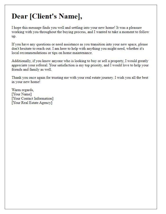 Letter template of real estate client follow-up post-closing