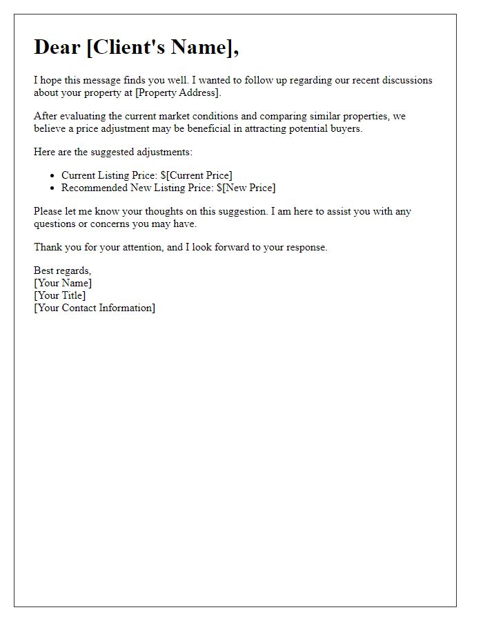 Letter template of real estate client follow-up regarding price adjustments