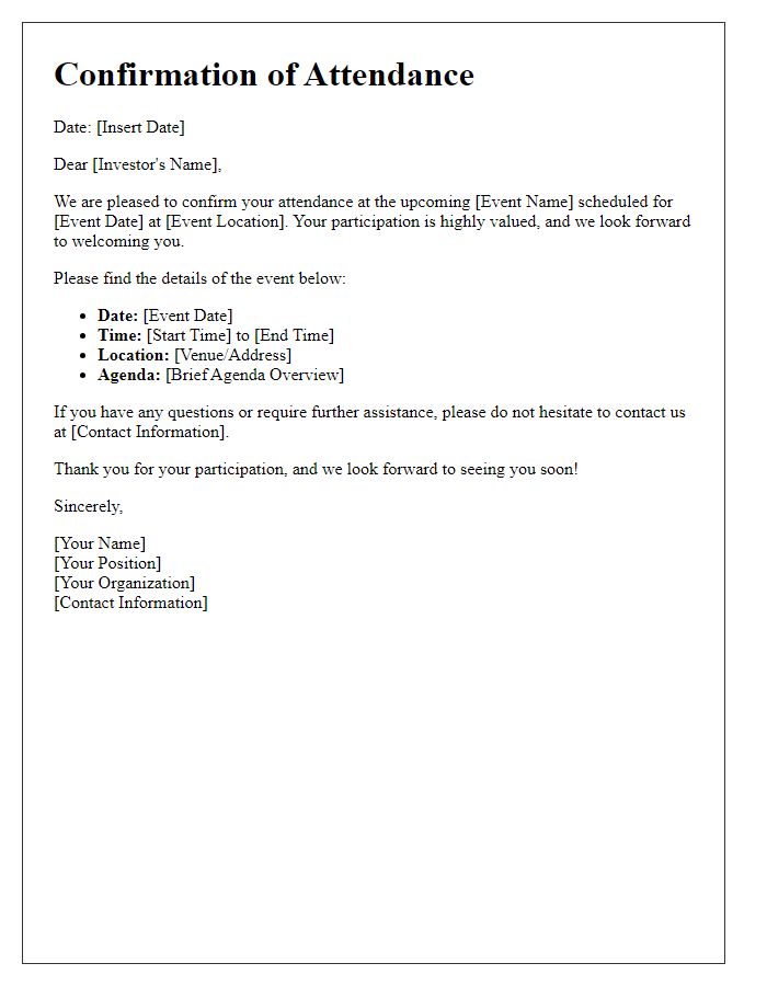 Letter template of confirmation for institutional investor attendance